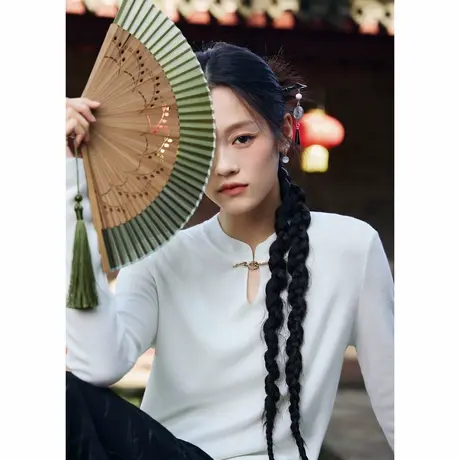 唐狮2024秋冬新款女毛织新中式小立领净色打底衫中国风设计感内搭商品大图