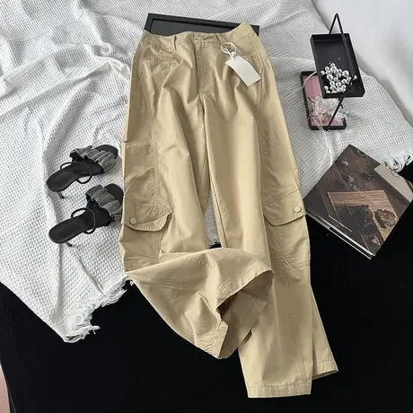 韩系阔腿大口袋工装裤女2025早秋新款宽松显瘦直筒裤百搭弯刀长裤商品大图