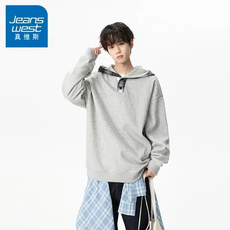 N5真维斯男士连帽卫衣2025新款秋季美式宽松拼接外套男生春秋帽衫商品大图