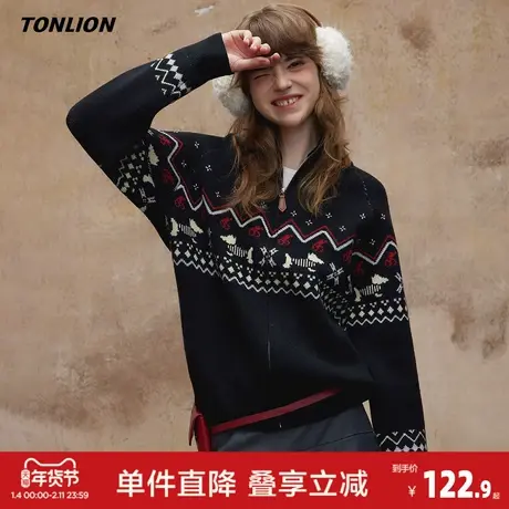 唐狮2026春季新款女毛衣休闲民族风开衫复古红色立领时尚宽松上衣图片