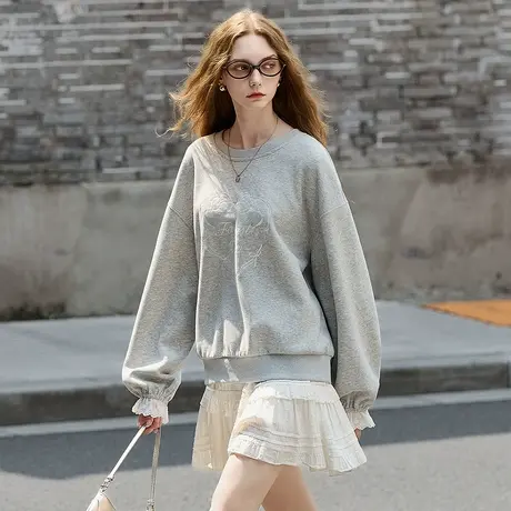 唐狮秋季新款灰色卫衣女圆领长袖复古蕾丝花边学院风小众套头TM商品大图