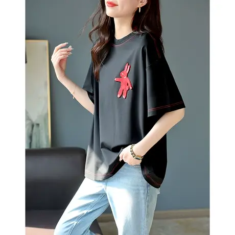 宝诗黎圆领绣花棉质短袖女打底夏季新款时尚百搭上衣2023宽松T恤商品大图