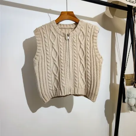 麻花毛衣马甲开衫女秋冬新款复古圆领叠穿无袖针织衫拉链背心外套商品大图