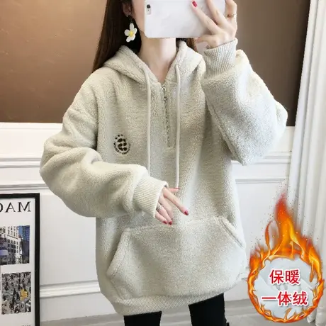 中长款半拉链加绒加厚连帽卫衣女秋冬2023新款爆款洋气羊羔毛外套图片