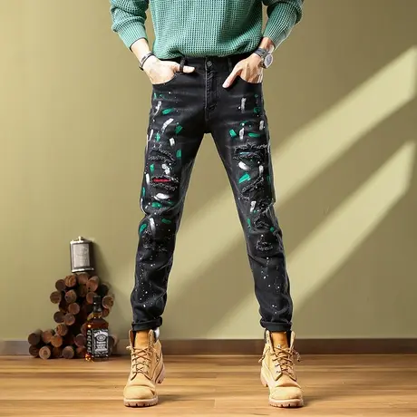 美式复古牛仔裤男款拼接男士牛仔裤修身小脚百搭牛仔裤时尚男款商品大图