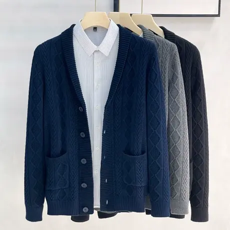 美式复古秋冬扭花简约毛衣开衫男纯棉文艺果领保暖针织衫休闲外套商品大图