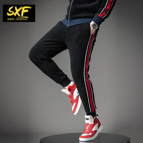 SXF圣希梵灯芯绒裤子男 秋冬新款哈伦裤织带小脚长裤男士休闲裤潮商品大图