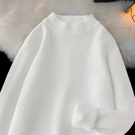 半高领毛衣男纯色白色针织衫毛线衣秋冬一体绒加厚中领打底衫毛衫商品大图