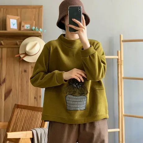 dza 复古宽松高领打底加绒卫衣女冬新款休闲绣花长袖百搭外套上衣商品大图