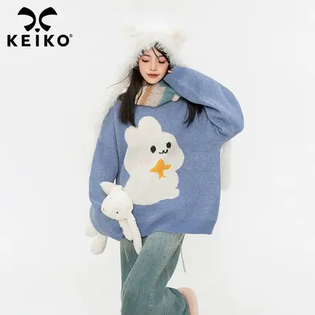 KEIKO 奶系萌兔提花毛衣女加厚秋冬慵懒风超好看宽松蓝色针织毛衫商品大图