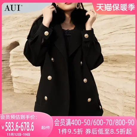 AUI黑色狐狸毛领修身毛呢外套女2023冬新款中长款宽松呢子大衣厚图片