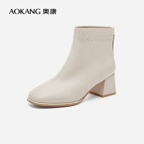 【门店发货】奥康女鞋 冬季新款方头短靴英伦风马丁靴时尚单靴商品大图