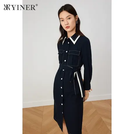 *YINER音儿奥莱女装秋季单排扣撞色翻领牛仔连衣裙图片
