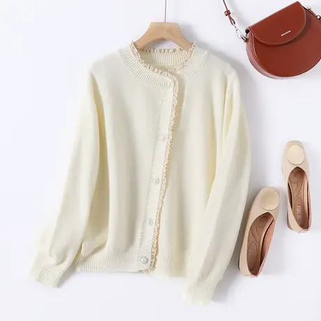 23001新款韩版宽松圆领针织衫开衫长袖女百搭上衣蕾丝毛衣外套图片