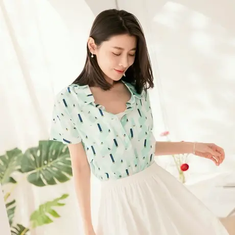 桔熊夏季清新甜美几何印花短袖修身衬衫薄款上衣少女大码AB15920商品大图