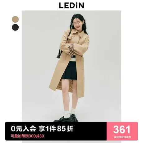 乐町设计感翻边风衣2023春季新款女中长款早春燕麦色黑色通勤图片