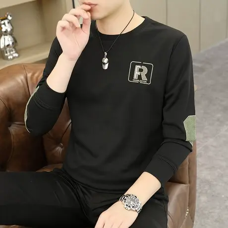 黑色长袖t恤男纯棉重磅圆领上衣秋季内搭打底衫卫衣男春秋款男装商品大图