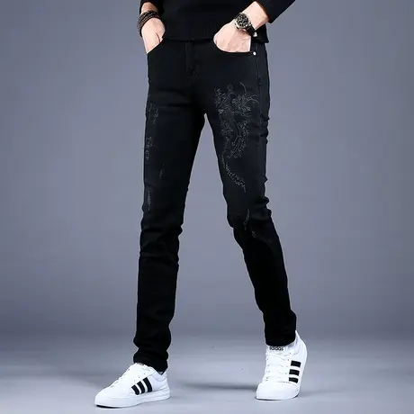 男士秋冬加绒黑色刺绣牛仔裤男新款弹力裤子高端潮牌修身小脚休闲商品大图