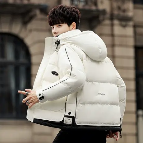 冬季潮牌连帽鸭绒外套男士潮流帅气短款羽绒服学生保暖防寒面包服图片