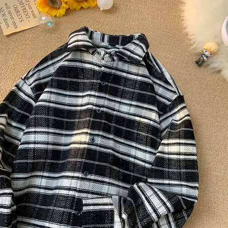 港风雪尼尔黑白条纹长袖衬衫男春秋季2024新款男装外套休闲衬衣寸图片