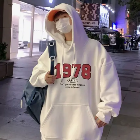 连帽vintage春秋季加绒卫衣男生潮牌ins宽松套头情侣美式重磅外套图片