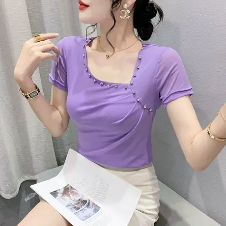 性感网纱小衫女短袖气质不规则斜领T恤时尚紧身露锁骨上衣夏装ins商品大图