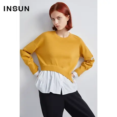 INSUN恩裳秋季不对称假两件羊毛针织衫商品大图