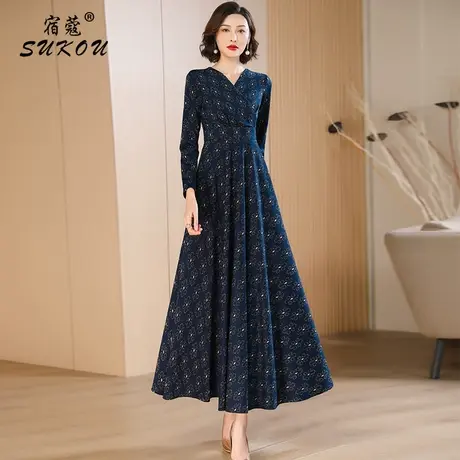 藏蓝色丝绒印花连衣裙女长款秋季2024新款女装高级感显瘦大摆裙子图片
