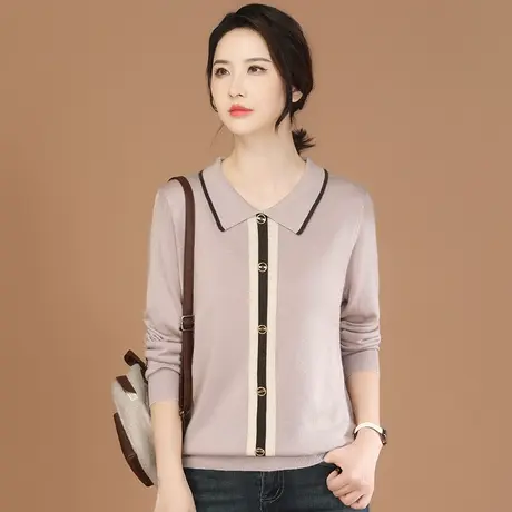 韩潮袭人气质POLO领长袖条纹套头针织衫女2024春季新款百搭毛衣图片