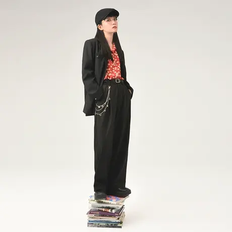 omont蛋挞家 黑色高腰西装裤女早秋裤子宽松垂感阔腿裤直筒休闲裤商品大图
