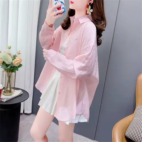 粉色薄款长袖防晒衬衫女外搭2023年新款夏季宽松洋气百搭透气外套商品大图