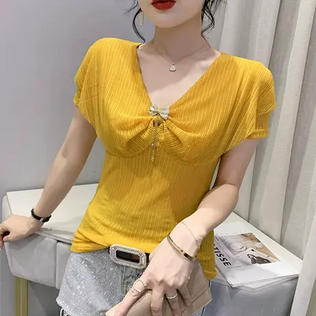 性感V领荷叶边短袖T恤女欧货气质网纱上衣百搭洋气小衫设计感小众图片