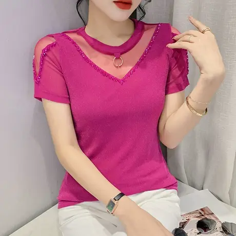 欧货时尚镂空T恤女短袖性感网纱拼接小衫百搭洋气钉珠上衣夏装潮商品大图