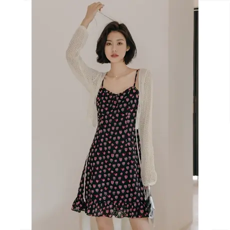 弥古黑色碎花裙小个子雪纺吊带连衣裙女夏海边度假短裙三亚沙滩裙图片
