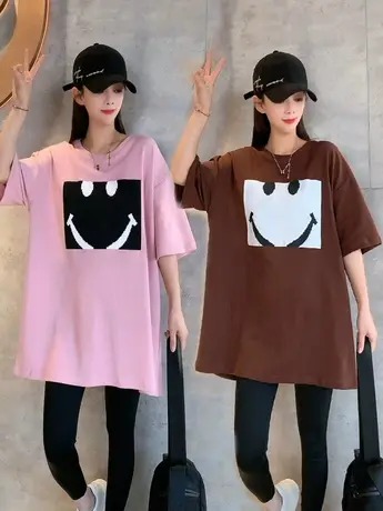 2023夏季爆款新款宽松可爱方块笑脸印花短袖t恤下半身失踪中长款商品大图