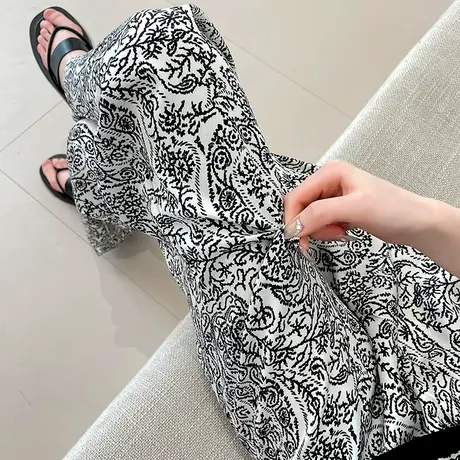 印花冰丝阔腿裤女小众夏季薄款高腰垂感宽松显瘦松紧腰休闲拖地裤商品大图