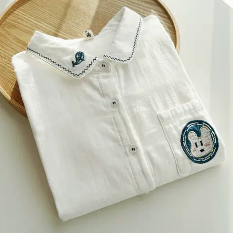 春秋新款日系文艺小清新双层纱纯棉白衬衫女学生长袖宽松打底上衣图片