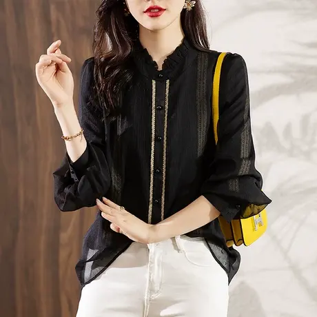 蕾丝花边雪纺衬衫女春秋季新款宽松加大码女装胖妈妈洋气立领上衣商品大图