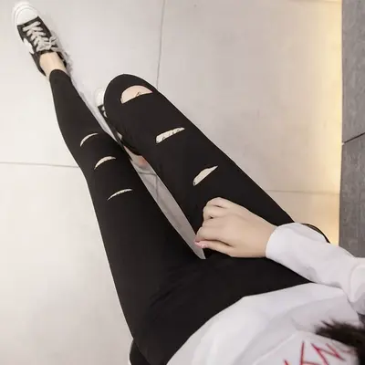 打底裤女裤外穿春秋款高腰显瘦黑色紧身弹力小脚薄款夏季破洞魔术图片