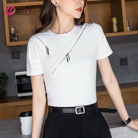 欧货拉链短袖t恤女2022夏季新款紧身ins潮设计感体恤时尚洋气上衣商品大图