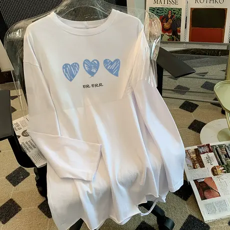 长袖t恤女韩版2022年秋季宽松大码中长款百搭上衣纯棉白色打底衫图片