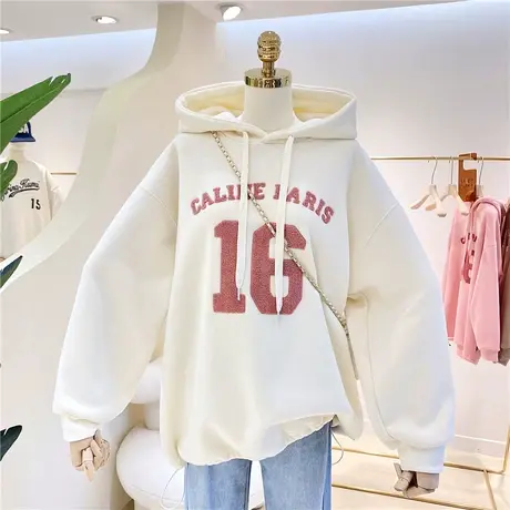 卫衣女加绒加厚2022秋冬新款毛巾字母刺绣宽松中长款百搭连帽外套商品大图