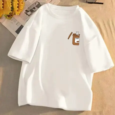2023新款夏季正肩纯棉短袖t恤女薄款宽松卡通白色显瘦半袖上衣潮商品大图