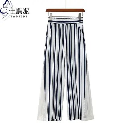 夏季新款韩版松紧腰宽松条纹侧边蕾丝拼接长裤女休闲裤直筒小个子图片