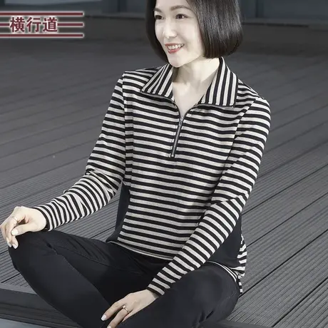 2025新款春装立领半拉链条纹宽松长袖T恤女装海军风大码妈妈上衣商品大图
