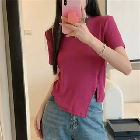 设计感小众开叉不规则上衣2024年新款夏季ins潮火龙果色短袖t恤女商品大图