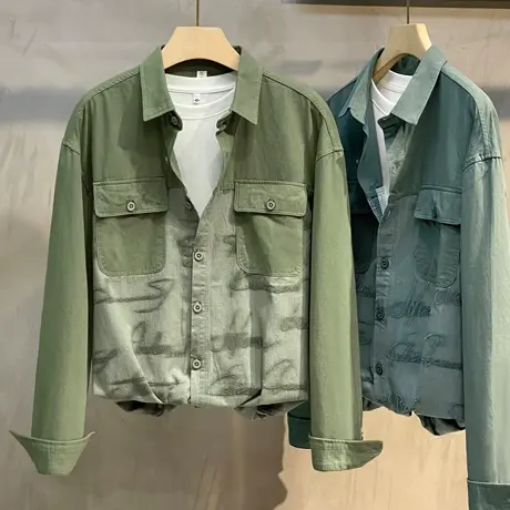 工装牛仔衬衫男长袖春秋新款潮流宽松男装上衣服男士休闲衬衣外套商品大图