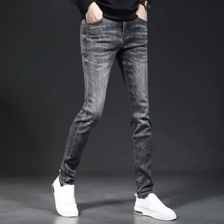 秋季牛仔裤男款2023新款修身小脚深灰色韩版潮流弹力百搭休闲男裤图片