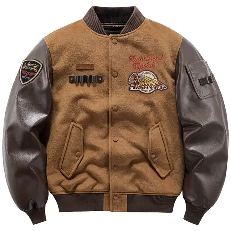 VIP毛呢棒球服男美式复古刺绣飞行夹克皮袖拼接vintage工装外套潮商品大图