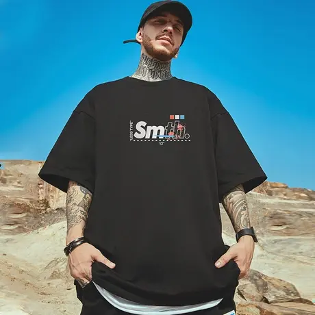 oversize欧美潮牌胖子男装大码国潮简约宽松加肥加大短袖T恤半袖商品大图